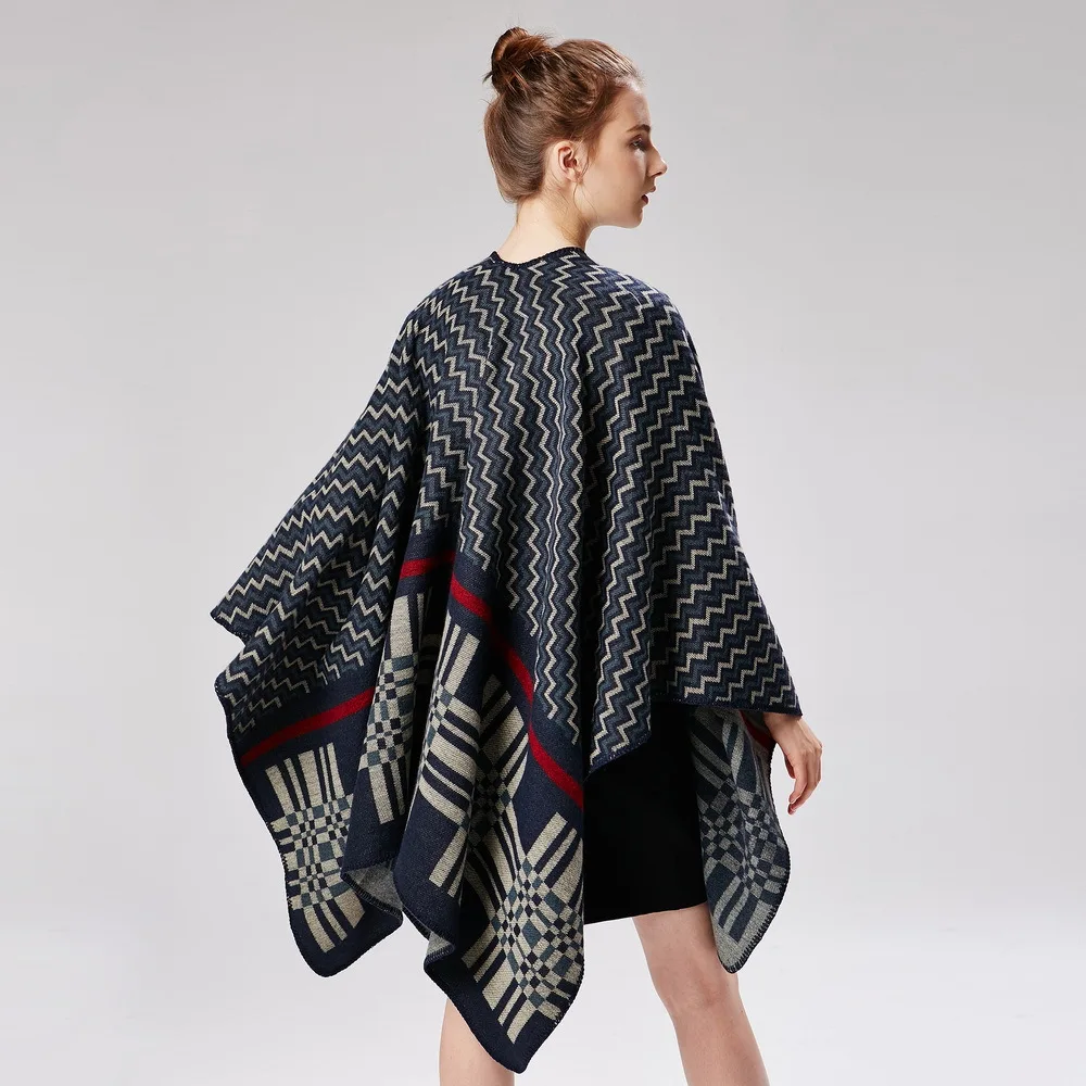 European and American street women's Cross wavy geometric shape classic Cashmere Shawl enlarged thickened Cloak Ponchos