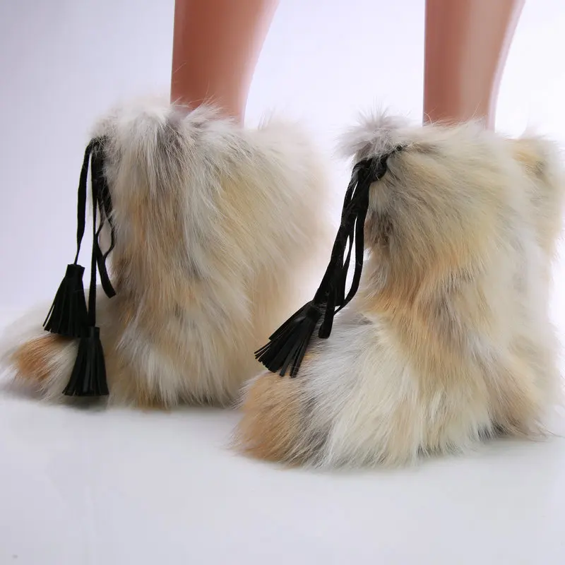 

Sexy Fox Fur Winter Warm Snow Boots Women Round Toe Slip-on Mid-calf Boots Lady 5cm Wedges Winter Boots Girls Flat Casual Shoes