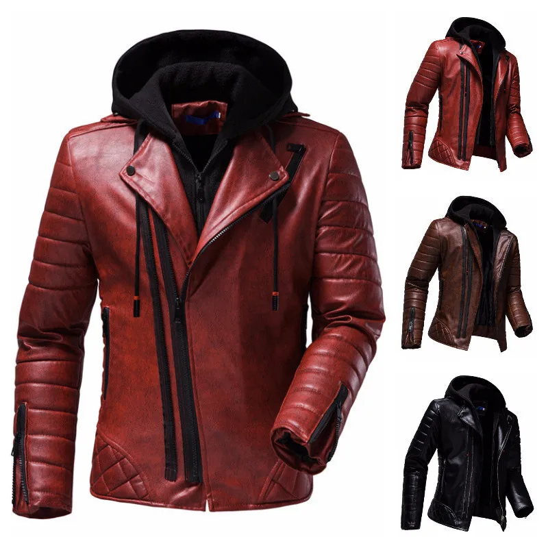

Punk Style Fashion Biker Jackets Men Fake Two-piece Hooded Detachable Motorcycle Leather Jacket Male Autumn PU Jacket Loose Coat