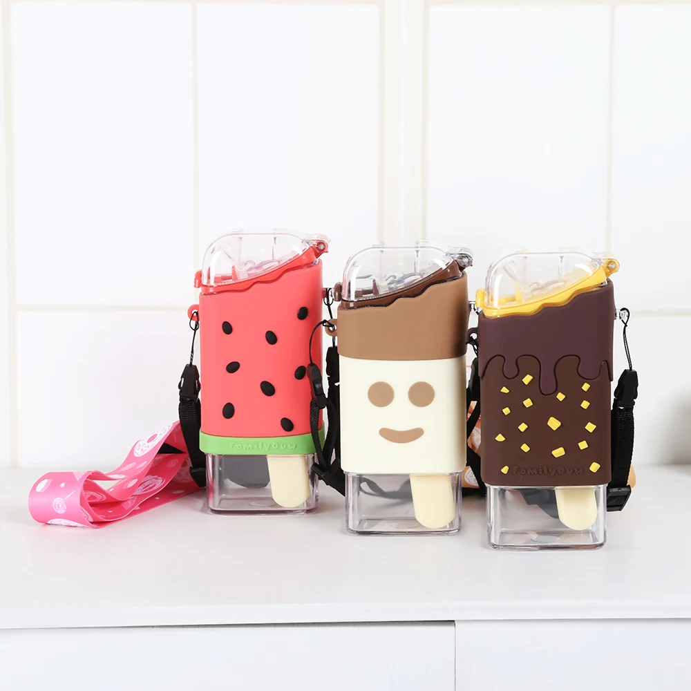 Cartoon Cute Donut Ice Cream Water Bottle Rainbow Creative Square Watermelon Cup Portable Leakproof Children Kettle with Straw enlarge