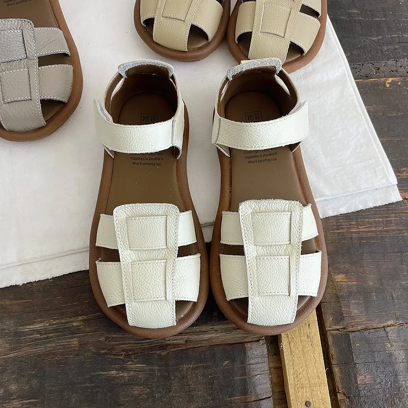 Careaymade-Summer Genuine Leather soft soles sandals,women Roman artistic round toe flat shoes,cowhide Comfortable women's shoes