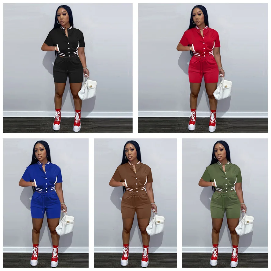 

51F188 2022 Womens Fashion New Solid with Pockets Casual Shorts Sets Stitched Threaded Baseball Uniform Two Piece Set Women