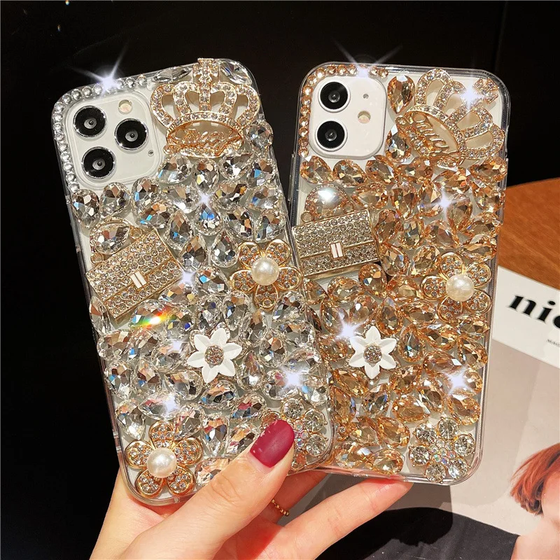 

Luxury 3D Diamond Crown Handbag Bling Crystal Case For iPhone 13 12 11 Pro Max XR XS X 8 7 Plus Cute Rhinestones Glitter Cover