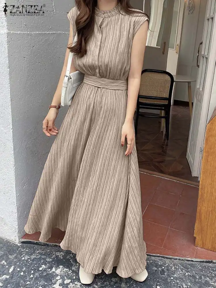 

2023 ZANZEA женское летнее платье без рукавов с воротником-стойкой, длинный сарафан, женское Модное Элегантное праздничное платье, Пляжное Платье на бретелях