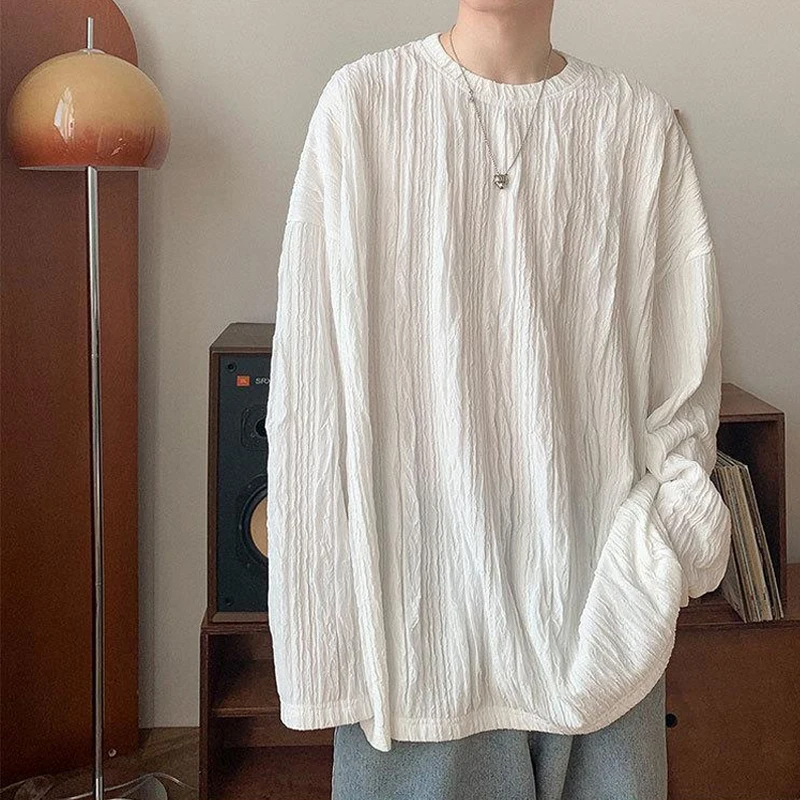 

Autumn Long Sleeve Loose Pullover Tops Casual Solid Color Crew Neck T-Shirts Clothing Fashion High Street Men Shirts Tee New