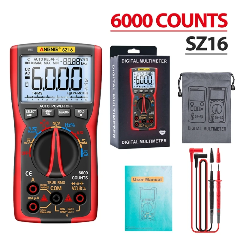 

Digital Multimeter with Flashlight 6000 Counts True RMS Auto Ranging NCV AC/DC Voltage Current Resistance Multi-Tester