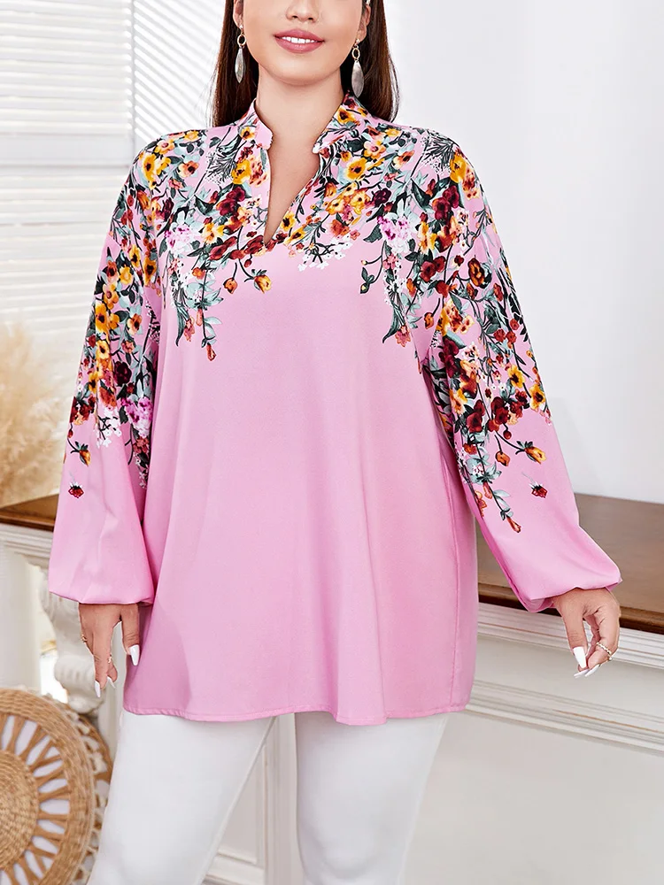 

TOLEEN Plus Size Tops Fashion Floral Print Women Pink Blouse 2022 Spring Autumn Long Sleeve Casual Loose Oversize Shirt Clothing