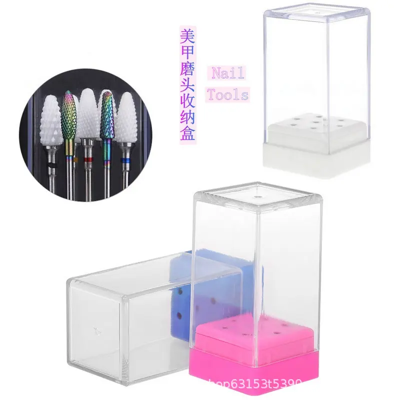 

7 Holes/Box Plastic Nail Drill Head Bits Display Holder Standing With Cover Storage Box Nails Art Grinding Heads Showing Shelf