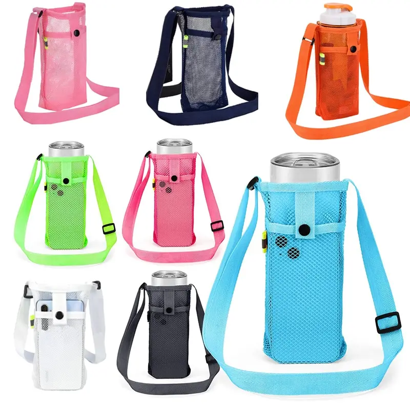 Portable Outdoor Water Cup Holder Sports Water Bottle Holder Mesh Cup Holder With Mobile Phone Pouch Camping Accessories