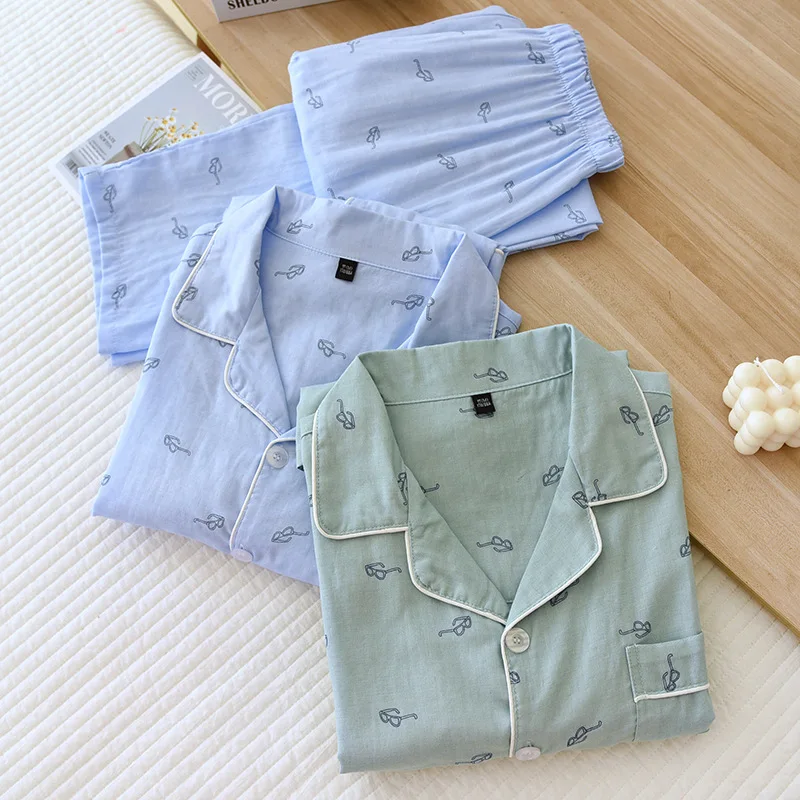 

Men's Cotton Gauze Pajamas 2023 New Spring Long Sleeve Sleepwear Set Glasses Printed Loungewear Male Casual Home Clothes Suit