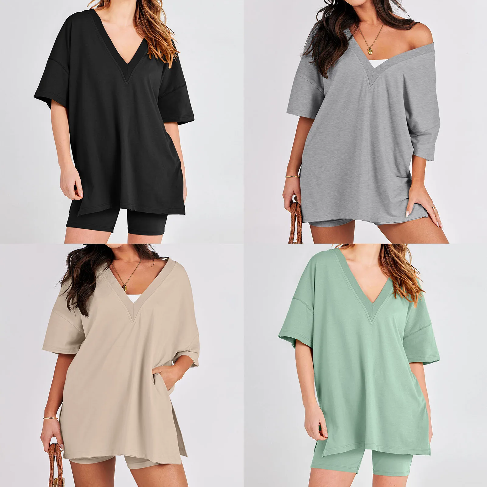 

Womens Summer 2Pcs Soft Basic T Shirt Women Short Sets 2023 New Oversized Tee Female Loose Top High Waist Leggings Shorts Outfit