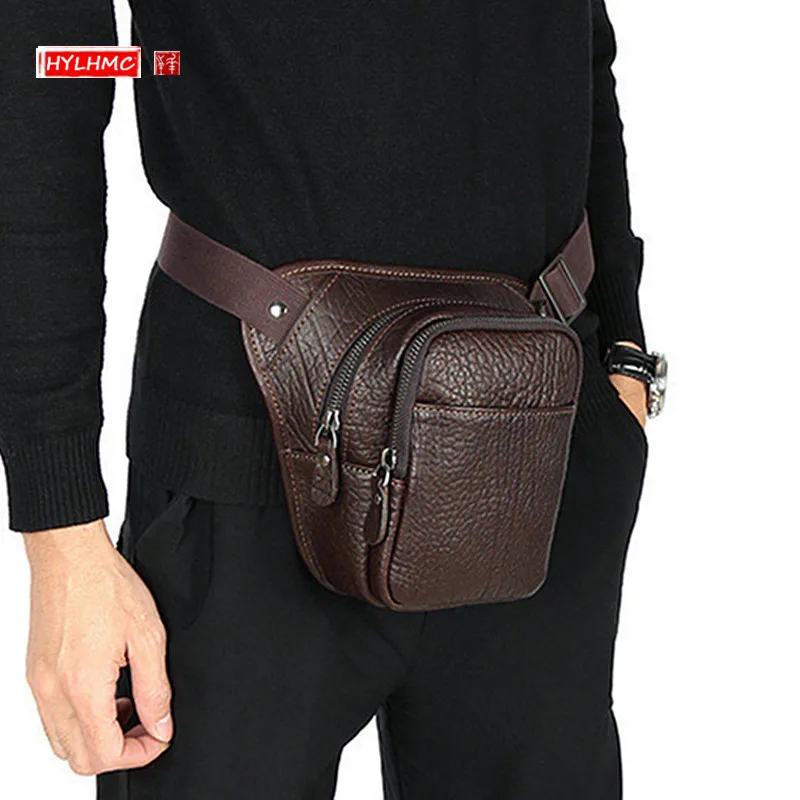 New Genuine Leather Men's Waist Bag Small Pocket First Layer Cowhide Waist Packs Men's Crossbody Bag Casual