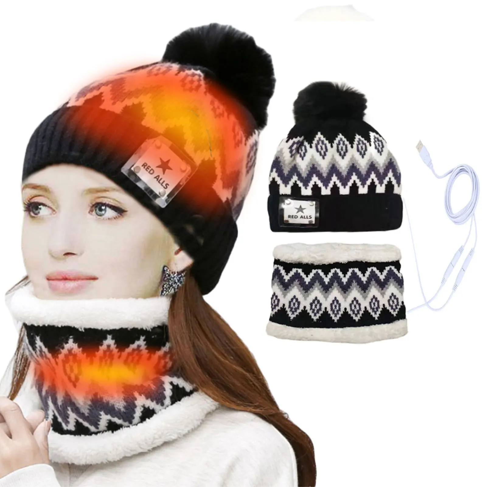 

USB Heating 2-Piece Suits Set Warm Windproof Hat with All-matching Style for Cold Weather Outdoor Sports