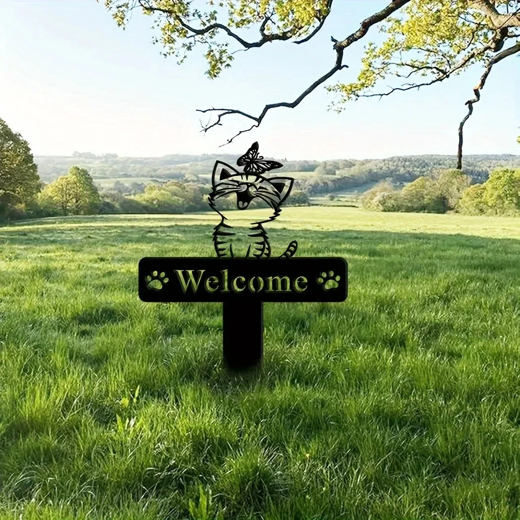 1 Шт. Металлический Садовый Кол Кошка С Бабочкой Мемориальный Маркер Именем Двор