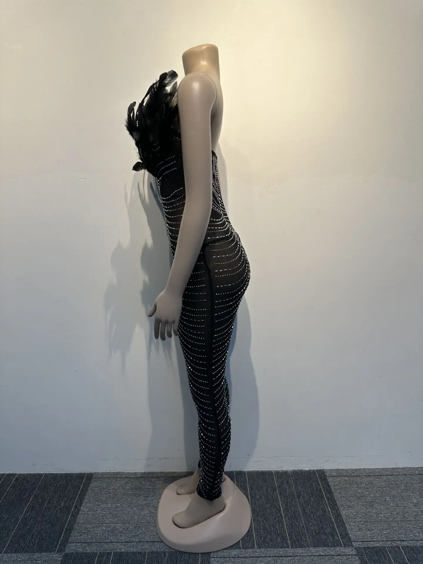 Plus Size Rhinestone Party Jumpsuit Feather Mesh One Piece Cloth Female Pencil Pants 2023 Summer Women Fashion Elegant Jumpsuits