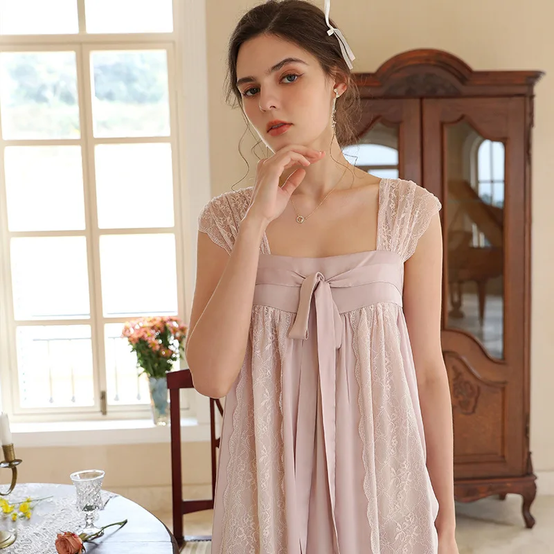 Long Nightgown Summer Female French Court Style Nightdress Sleepwear Sexy Lace Nightdress Home Dressing Gown Loose Lounge Wear
