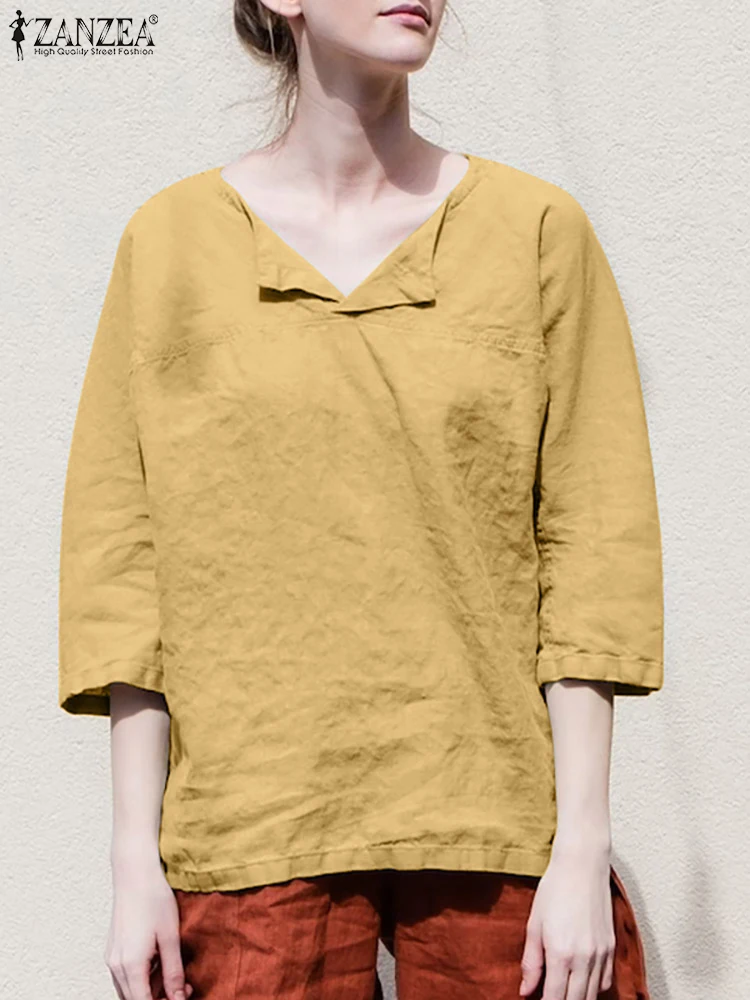 

Осенняя праздвечерние чная вечерняя блузка ZANZEA, стильные Женские однотонные свободные хлопковые топы с рукавом 3/4, Женская Базовая рубашка ...
