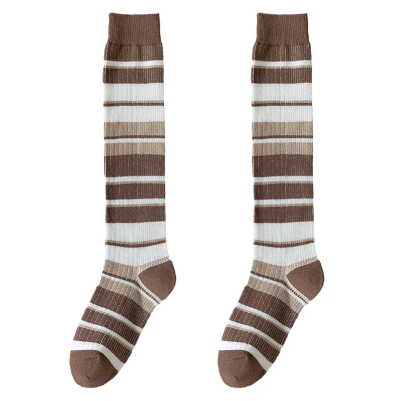 

Japanese Women Autumn Cotton Knee High Socks Harajuku Preppy Style Vintage Contrast Color Striped Plaid Print Student High Tube
