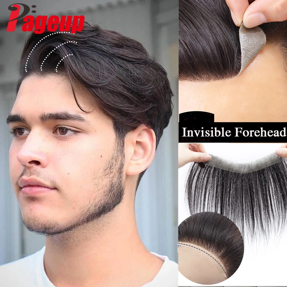 Pageup Synthetic Forehead Hairline Toupees Men's Short Straight V Style Hair Piece Hair Extension Natural Hair Fashion Style Ha
