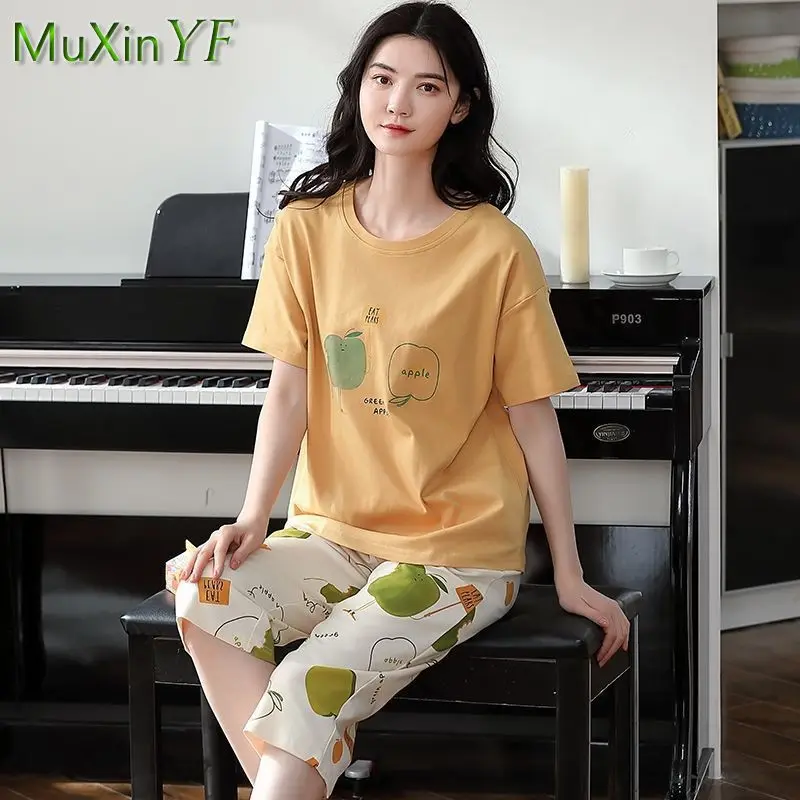 Women's Pajamas 2022 Summer Thin Short-sleeved Shorts Pijamas Two-piece Set Korean Cute Cartoon Sleepwear Home Clothing Suit