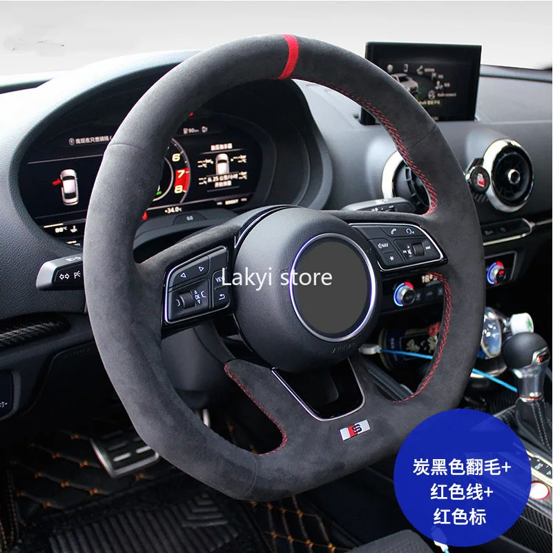 

DIY Manual Sewing Black Anti-Slip Breathable Soft Fur Car Steering Wheel Cover for Audi S3 A5 A7 S6 TT S5 R8 15inch 38cm