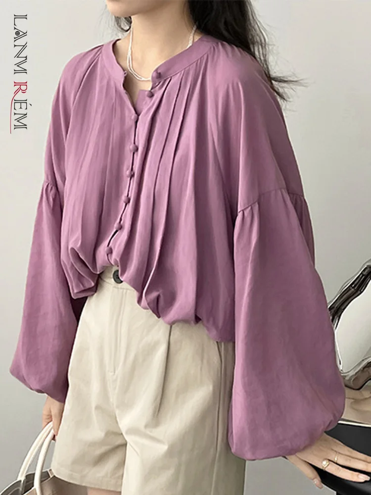 

LANMREM Retro Shirt For Women Lantern Sleeves Single Breasted Thin Fashion Tide Tops Female Clothing 2023 Spring New 2YA2006