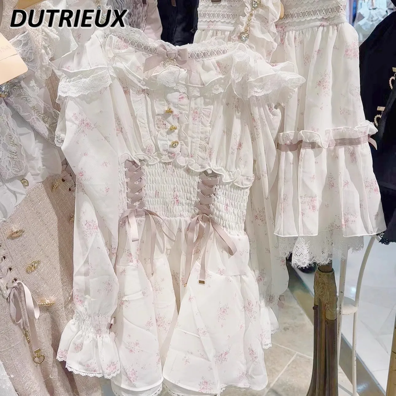 Японская осенняя серия Sweet Mine Массовый шифоновый топ с открытыми плечами и рюшами