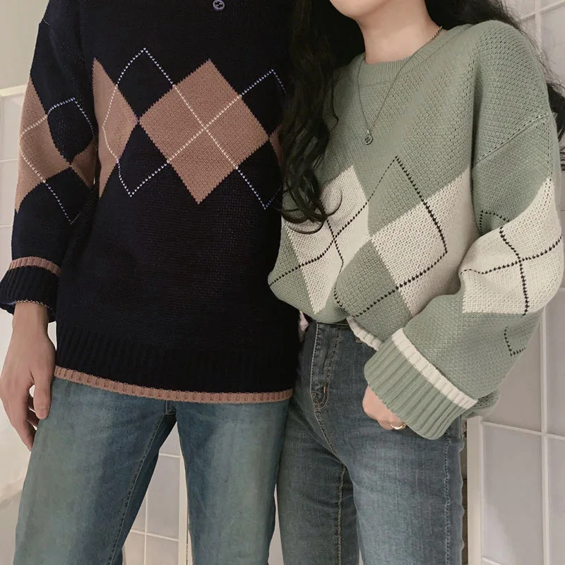 

2021 Autumn and Winter New Couple Wear Diamond-Shaped Loose Retro Slim And Lazy Hong Kong Style Sweater Women's Knitted Top