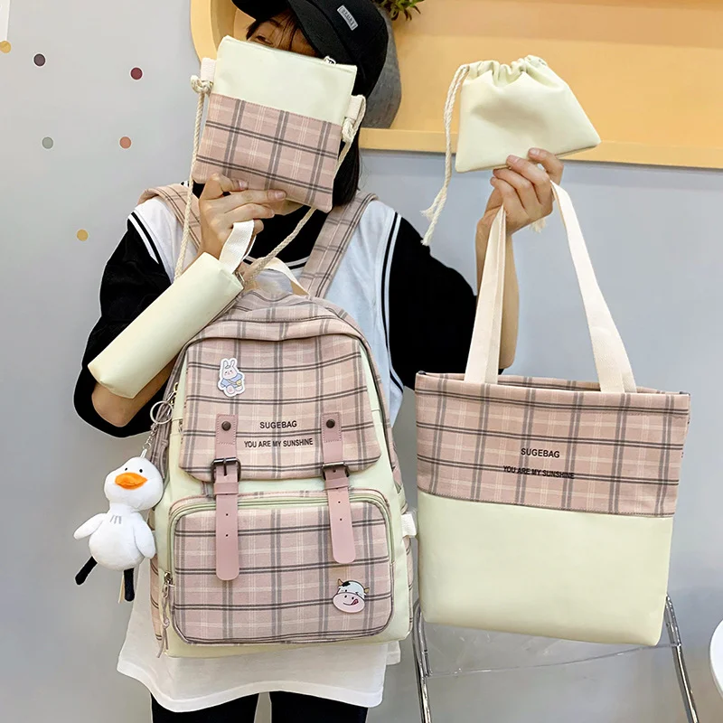 

Primary School Schoolbag Female Fashion Junior High School Backpack Multi-piece Set Checked Backpack Sweet Girl School Backpack