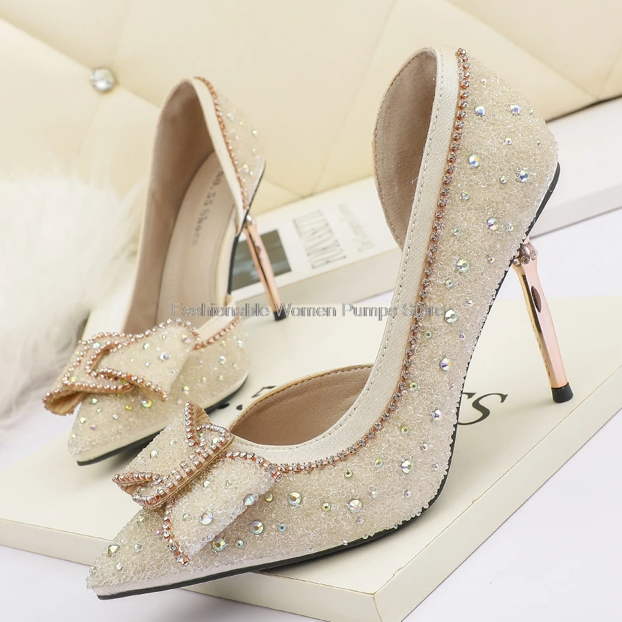 

elegant women pumps crystal shallow 9cm high heels stilettos rhinestone butterfly-knot women's party shoes bride wedding shoes