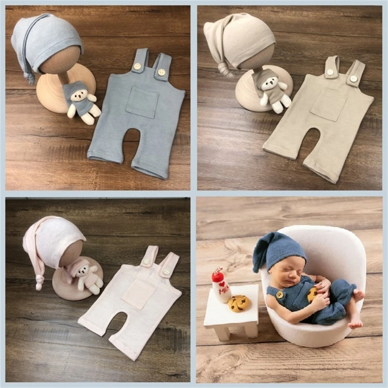 

Newborn Baby Photography Clothing Set Solid Color Overalls Romper with Long Tail Hat and Bear Doll Toy Photo Props Suspender