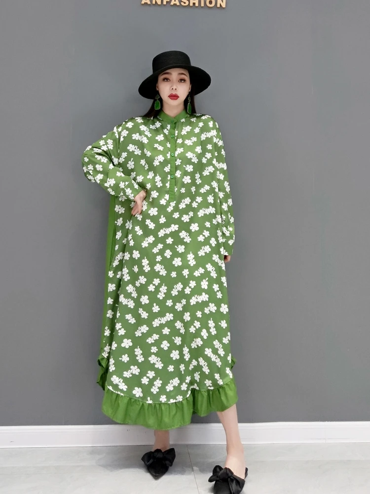 

SuperAen 2022 Spring New Fashion Printed Stand Shirt Contrast Color Casual Loose A-LINE Casual Dresses for Women