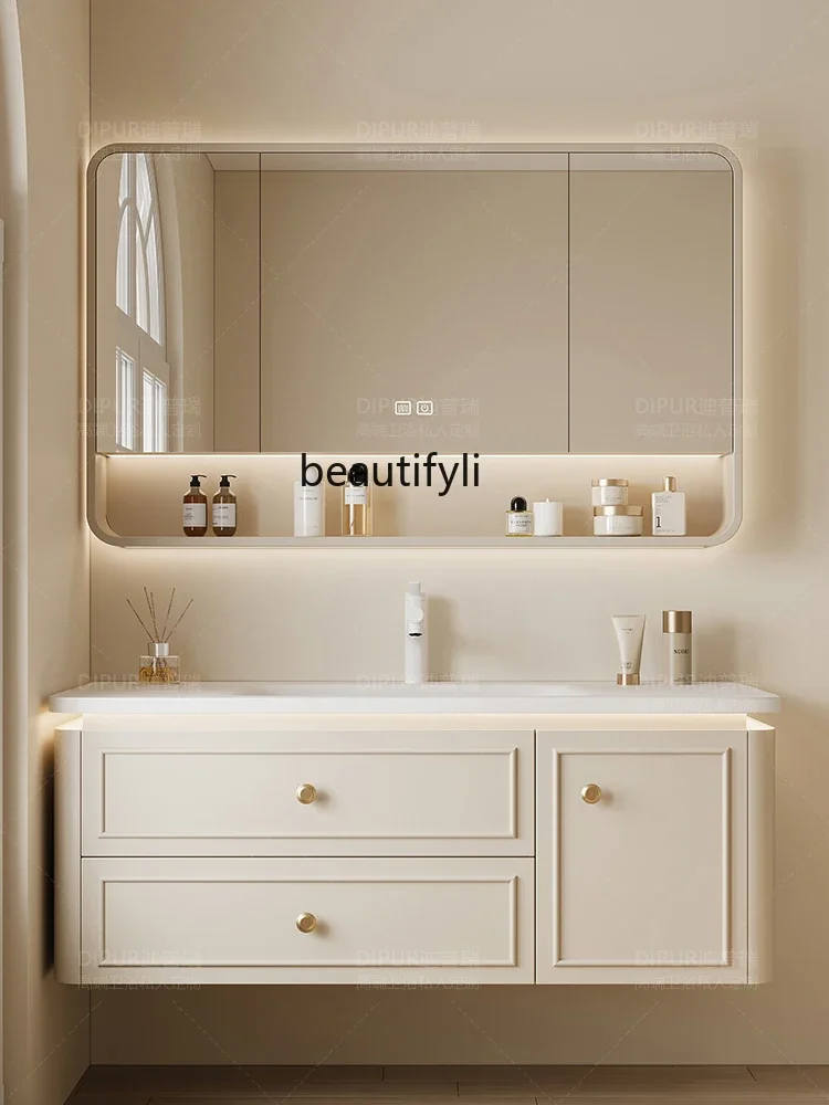 Сливочный шкаф для ванной Corian встроенная керамическая раковина с дубовой дугой