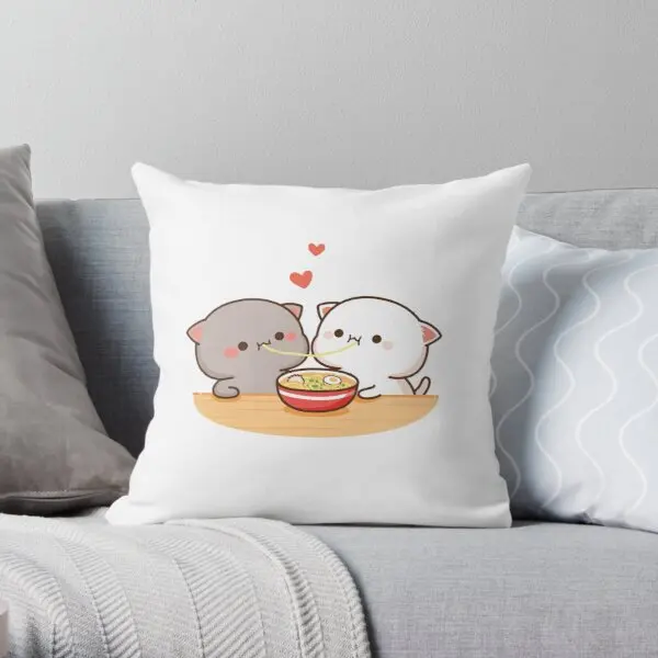 

Peach And Goma Mochi Cat Eating Ramen Printing Throw Pillow Cover Square Case Decor Waist Comfort Wedding Pillows not include