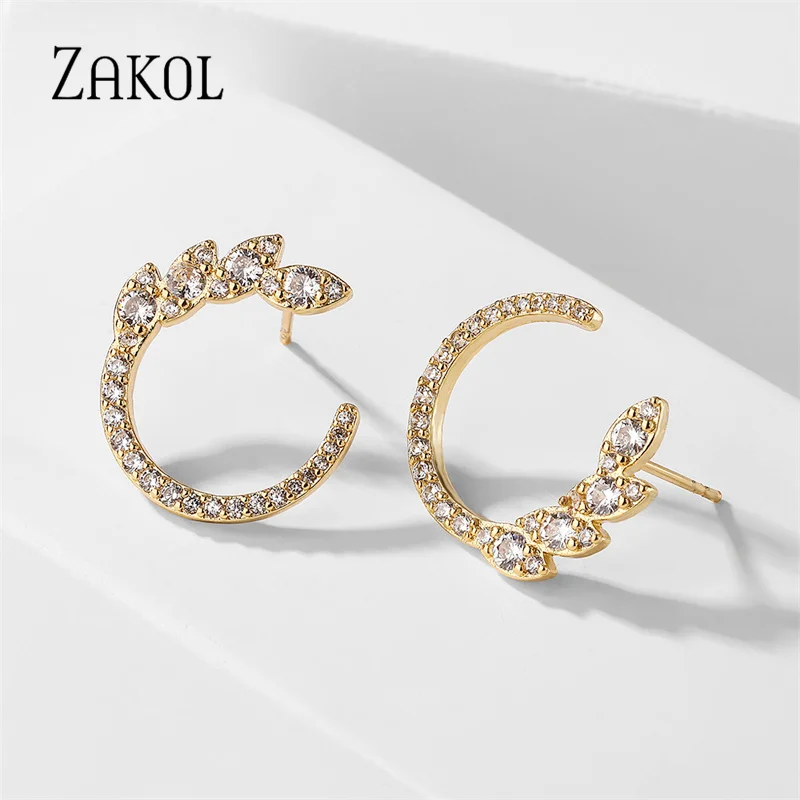 ZAKOL простые серьги-гвоздики с цирконием в форме C для женщин виде листа