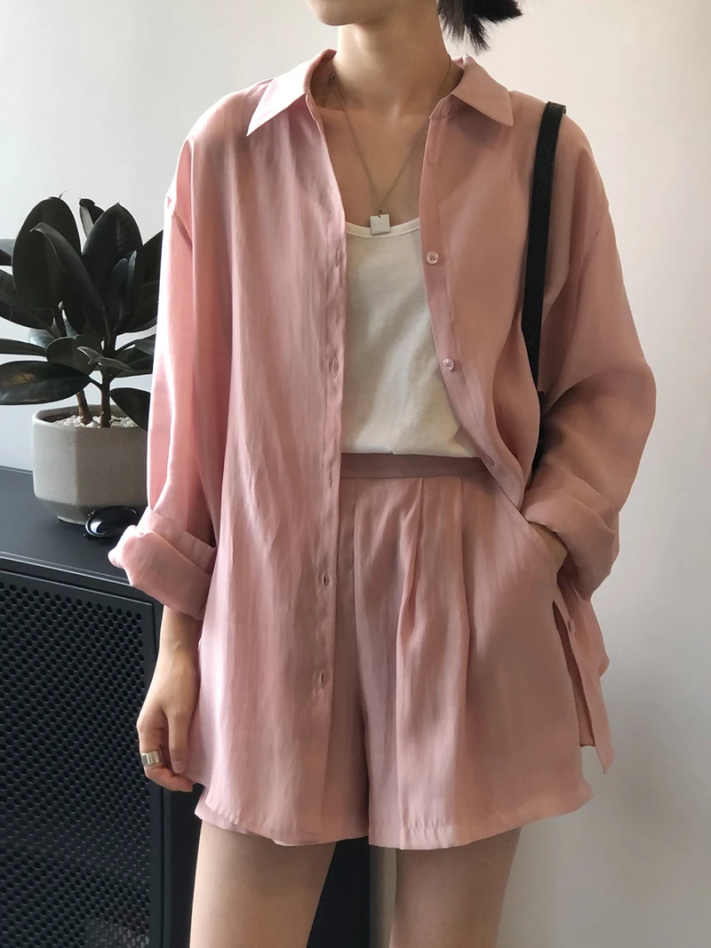 

Summer Loose Sweet Loose Elegant Plain Women Casual Sets Long Sleeve Long Sun-proof Shirts & Wide Leg Shorts Vintage 3 Colors