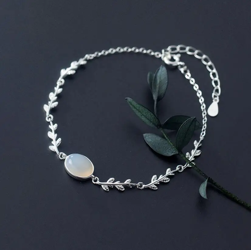 

925 Sterling Silver Fashion Leaf Moonstone Bracelets Bangles For Women Couple Creative Geometric Handmade Party Jewelry