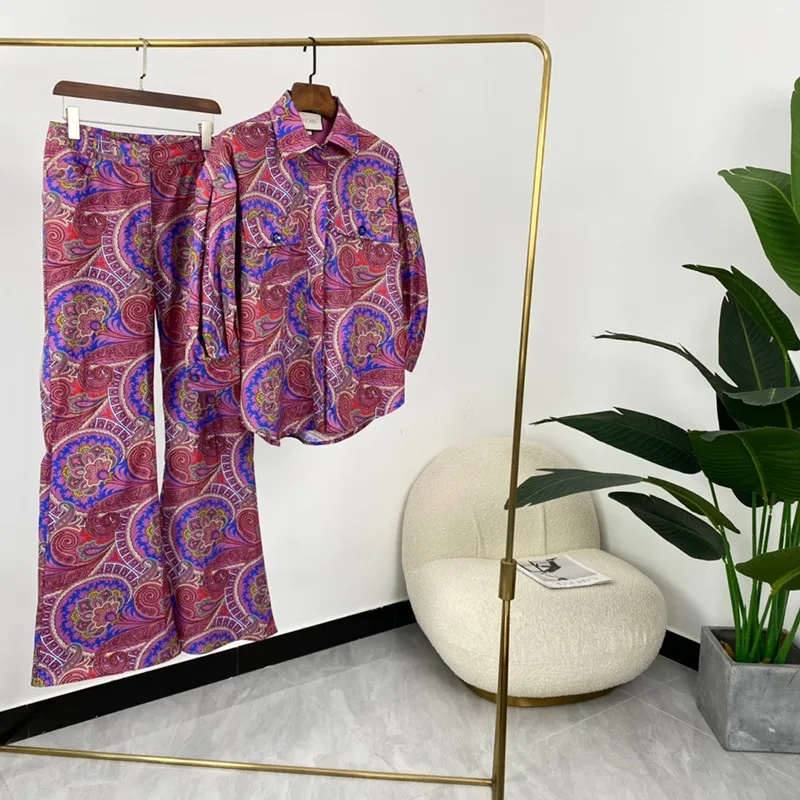 

Women 2022 Unique Designed Flourescent Blue Green Paisley Print Purple Classical Cut Shirt Wide Leg Pants Matching Sets