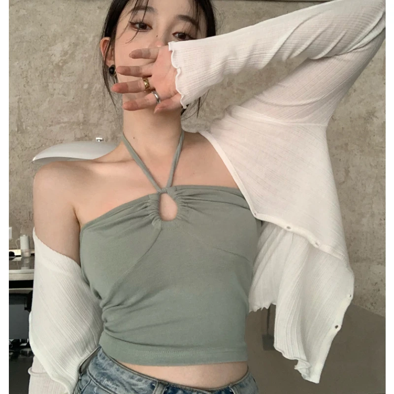 

Y2k Long Sleeve T-shirt Women Knitted Cardigan with Elastic Halter Neck Green Camis Tank Tops 2 Piece Tops Korean