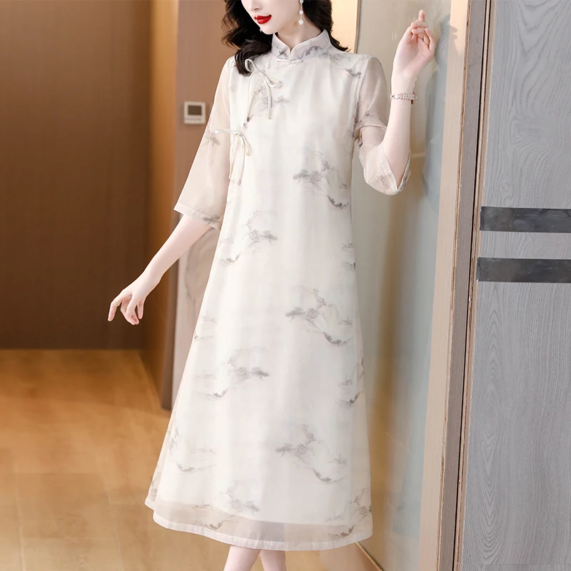 

2023 New Fashion Chinese Silk Dress Women's Summer Versatile Improved Qipao Loose Fit Casual Holiday Dress Vesidos