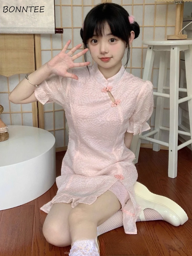 

Мини-платья в китайском стиле женские милые розовые элегантные летние шикарные модные простые нежные универсальные платья для девочек