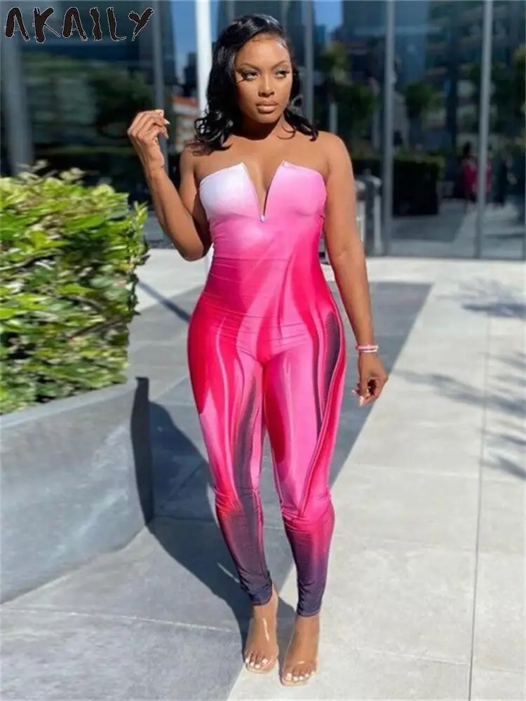 

Летняя уличная одежда AKAILY, комбинезоны с принтом, Женский Облегающий комбинезон 2022, цельный женский комбинезон