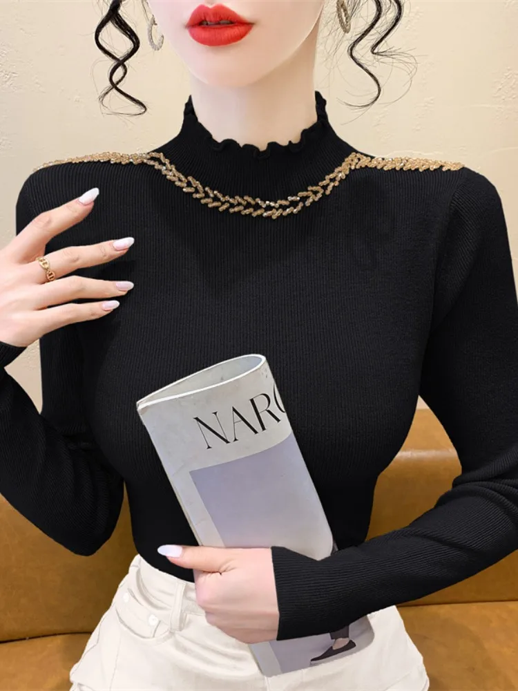 Женский трикотажный свитер с длинным рукавом и воротником-стойкой