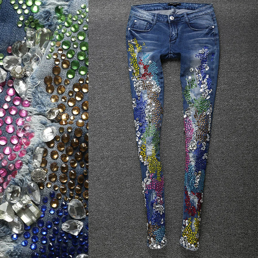 2022 Spring Fashion Women Luxury Colored Rhinestones Diamond Denim Jeans Women Stretch  Pencil skinny jeans