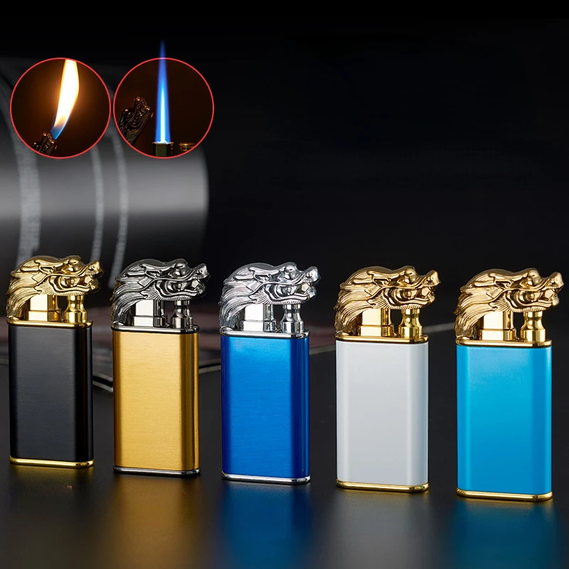 

Metal Threedimensional Relief Dual Fire Direct Charge Lighter Butane Inflatable Windproof Cigar Lighter Mens Smoking Accessories