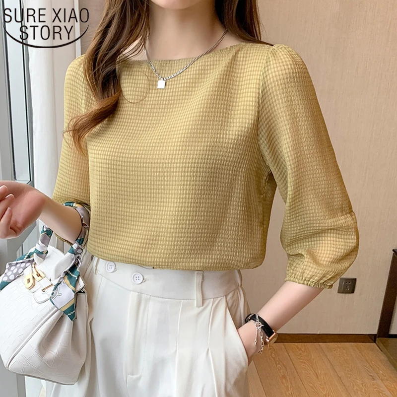 

Женская шифоновая блузка в клетку, свободная блузка с коротким рукавом-фонариком и воротником-лодочкой, модель 2022 в Корейском стиле на лето,...