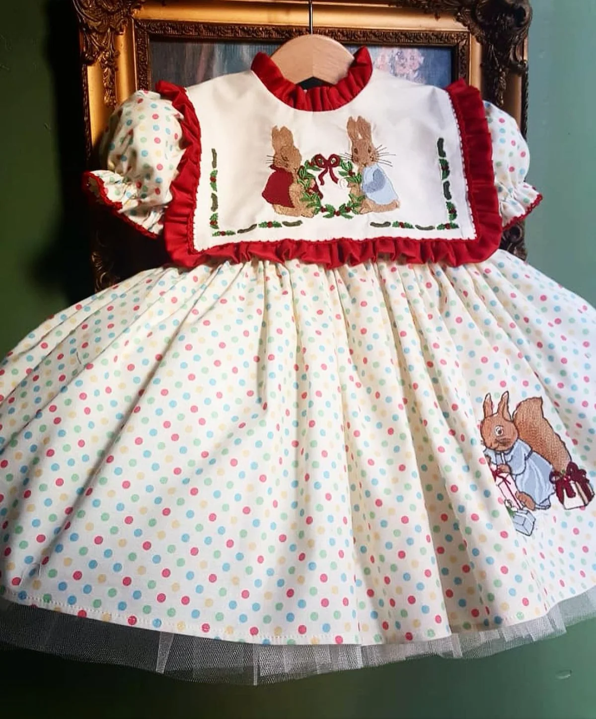 0-12Y Baby Girl Summer Rainbow Dot Rabbit Embroidery Vintage Princess Ball Gown Dress for Birthday Holiday Easter Eid