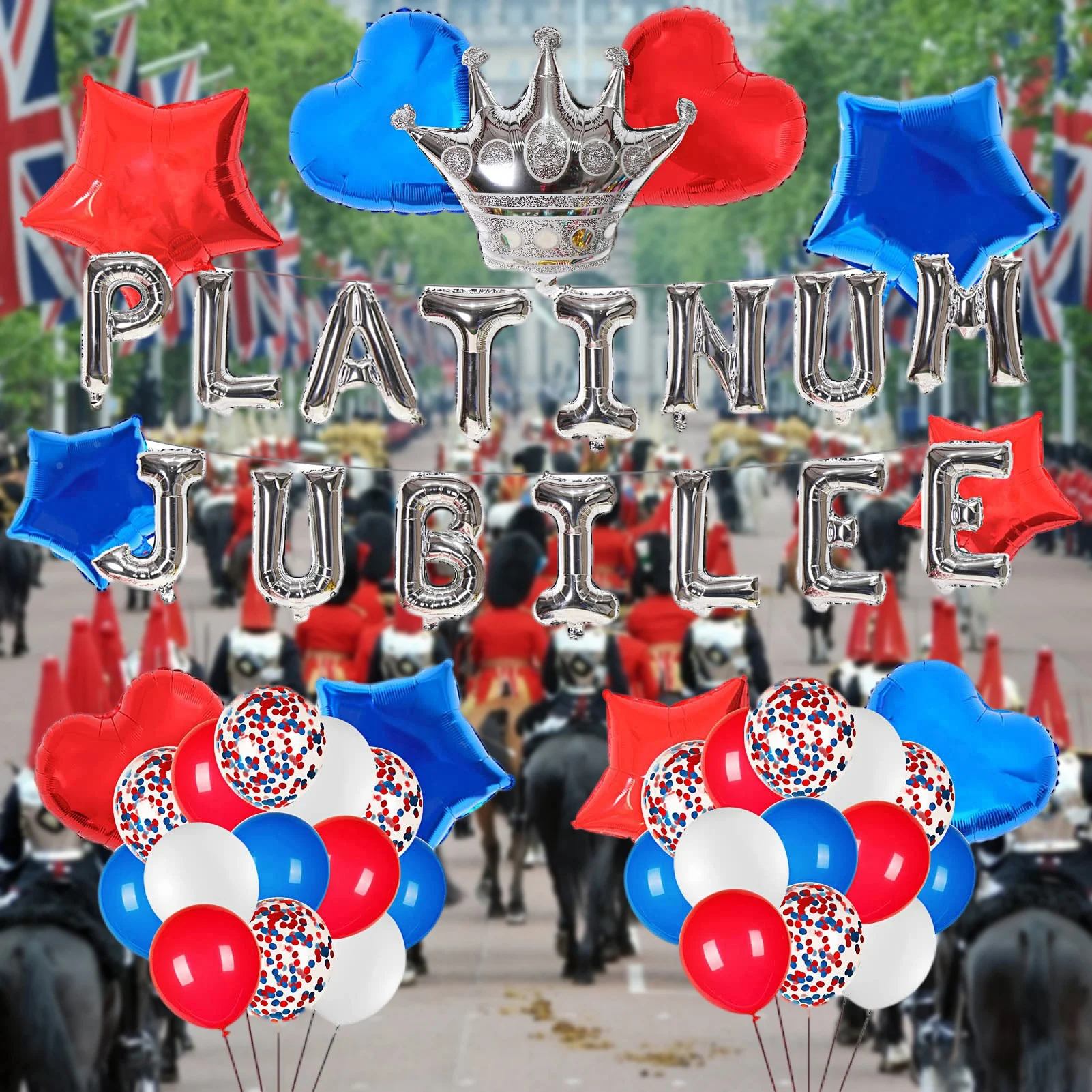 58pcs Jubilee Balloons Decorative Balloons Kit 70th Jubilee Crown Balloon Union Jack Bunting Elements Star And Heart Shapes Part