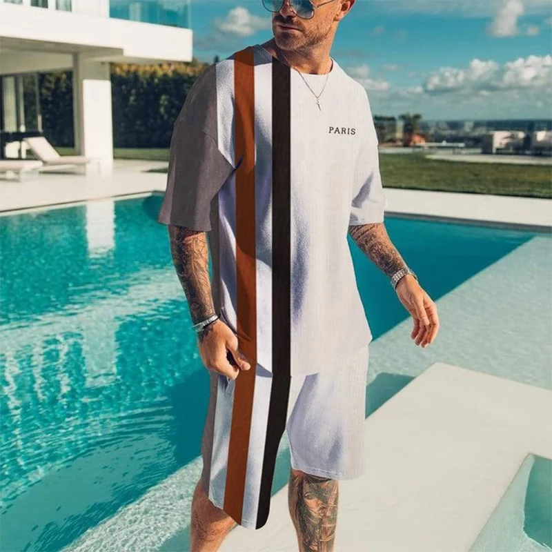 Летний мужской спортивный костюм в полоску футболка комплект из 2 предметов