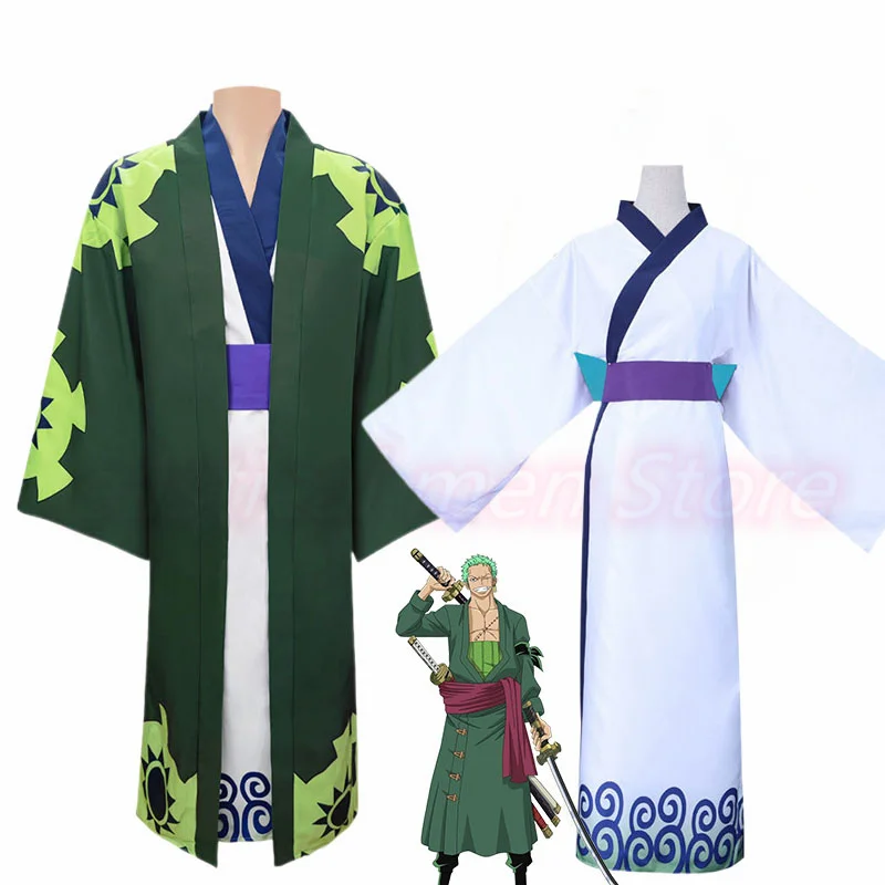 

Костюм для косплея аниме ророноа Зоро кимоно с принтом плащ халат на Хэллоуин Зеленый карнавальный наряд для мужчин женщин пояс полный кост...